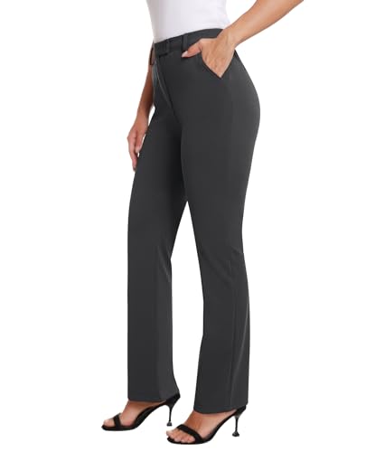 siliteelon Damen Hose Grau Gerade Bein Kleid Business Hosen Stretch High Waisted Büro Arbeit Anzughose mit Taschen,L von siliteelon