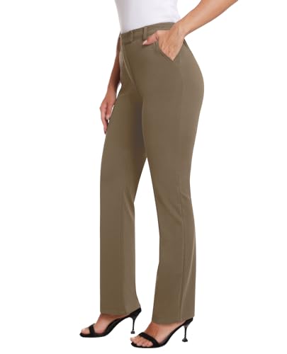 siliteelon Damen Hose Khaki High Waisted Gerade Bein Kleid Business Hosen Stretch Büro Arbeit Anzughose mit Taschen,L von siliteelon