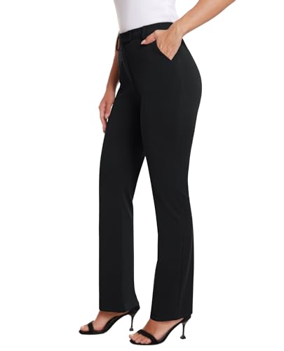 siliteelon Damen Hose Schwarz Gerade Bein Kleid Business Hosen Stretch High Waisted Büro Arbeit Anzughose mit Taschen,L von siliteelon