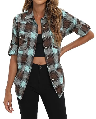 siliteelon Damen Kariertes Grün Hemd Langarm Oktoberfest Bluse Karo Tunika Baumwolle Tops Casual Oberteile,M von siliteelon