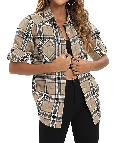 siliteelon Damen Kariertes Hemd Langarm Oktoberfest Khaki Bluse Karo Tunika Baumwolle Tops Casual Oberteile,S von siliteelon