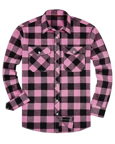 siliteelon Herrenhemd Langarm Kariert Flanell Shirt Baumwolle Holzfällerhemd Regular Fit für Arbeit Jagen Rosa XL von siliteelon