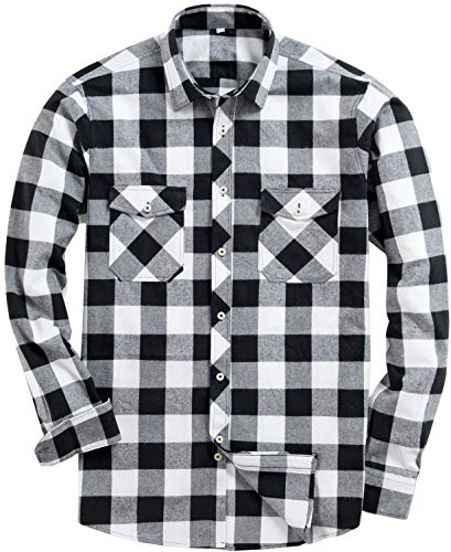 siliteelon Flanellhemd Herren Langarm Kariert Baumwolle Regular Fit für Outdoor Aktivitäten Wandern Campen Weiß und Schwarz XL von siliteelon