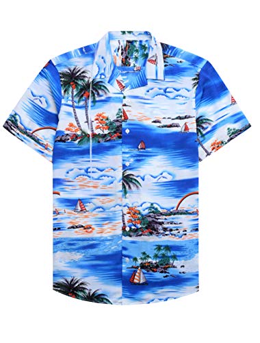 siliteelon Kurzarmhemd für Herren Casual Beach Hawaiihemd Sommer Button Down Hawaii Vibrant Shirt Party Camping Outdoor Blau Palmblätter 2XL von siliteelon