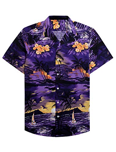 siliteelon Kurzarmhemd Herren Kurzarm Blumenmuster Hawaii Freizeit Urlaub Leichtes Regular Fit Strandhemd Lila Blumen XL von siliteelon