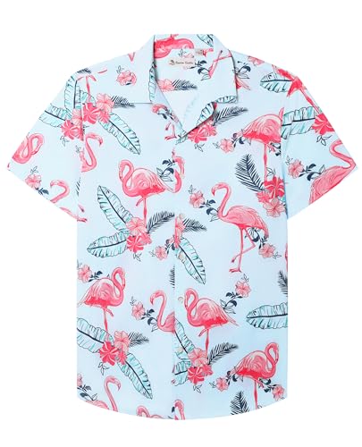 siliteelon Hawaii Shirt Männer Kurzarm Flamingo Baumwolle Regular Fit Herren Aloha Shirt Sommer Strand Surf für Urlaub, L von siliteelon