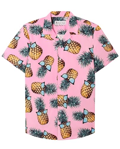 siliteelon Hawaii Shirt Männer Kurzarm Rosa Ananas Baumwolle Regular Fit Herren Aloha Shirt Sommer Strand Surf für Urlaub,L von siliteelon