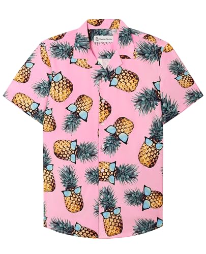 siliteelon Hawaii Shirt Männer Kurzarm Rosa Ananas Baumwolle Regular Fit Herren Aloha Shirt Sommer Strand Surf für Urlaub,XL von siliteelon