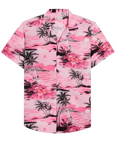 siliteelon Hawaii Shirt Männer Kurzarm Rosa Baumwolle Regular Fit Herren Aloha Shirt Sommer Strand Surf für Urlaub,L von siliteelon