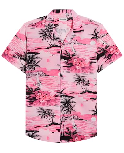 siliteelon Hawaii Shirt Männer Kurzarm Rosa Baumwolle Regular Fit Herren Aloha Shirt Sommer Strand Surf für Urlaub,M von siliteelon