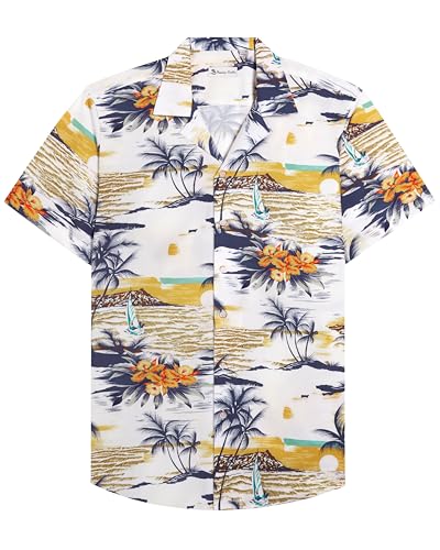 siliteelon Hawaii Shirt Männer Kurzarm Weiß Baumwolle Regular Fit Herren Aloha Shirt Sommer Strand Surf für Urlaub,L von siliteelon