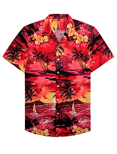 siliteelon Herren Hemd Kurzarm Sommer Freizeithemd Casual Strandhemd Blumen Hawaiihemd Urlaub Reise Shirt Regular Fit Hawaiihemden Rot Tropic S von siliteelon