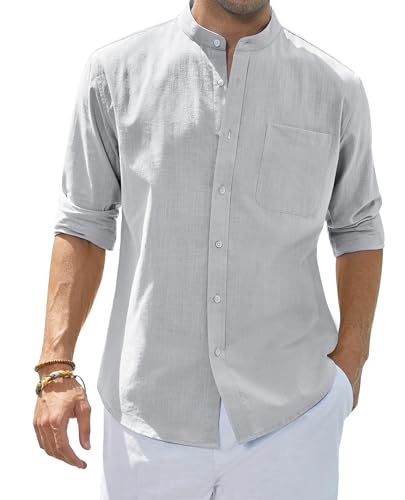 siliteelon Herren Langarmhemd Regular Fit Freizeit Baumwolle Leinenhemd Party Club Reisen Alltägliche Einfarbig Shirt Hellgrau XXL von siliteelon