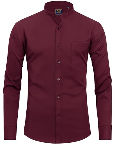 siliteelon Hemd Herren Bügelfrei Langarm Burgunderrot Regular fit Stehkragen Business Anzug Hemd,XXL von siliteelon