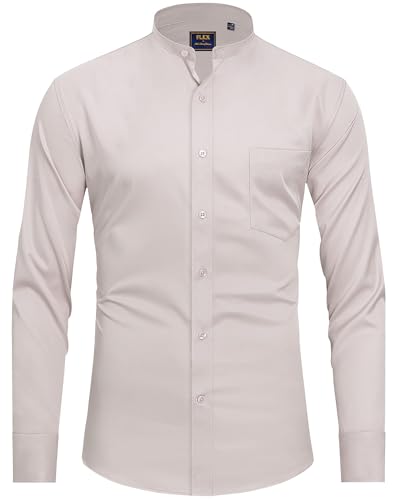 siliteelon Hemd Herren Bügelfrei Langarm Hellkhaki Regular Fit Stehkragen Business Anzug, M von siliteelon