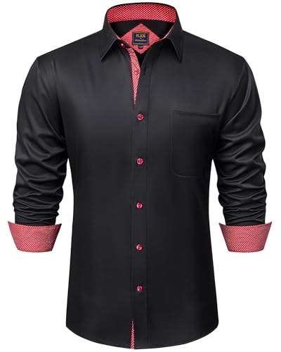 siliteelon Hemd Herren Bügelfrei Langarm Schwarz Rot Regular Fit Knitterfrei Anzug Hemd für Hochzeit 3XL von siliteelon