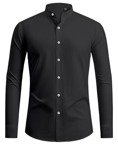siliteelon Hemd Herren Bügelfrei Stehkragen Hemden Herren Schwarz Stretch Freizeithemden Reglar Fit Businesshemd Anzug Hemd fürMänner Beerdigung von siliteelon