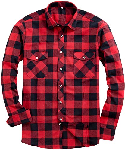 siliteelon Hemd Herren Kariertes Flanellhemd Langarm Baumwolle Holzfällerhemd Regular fit Komfortabel Freizeithemd mit Doppeltasche Rot und Schwarz 2XL von siliteelon