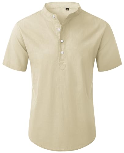 siliteelon Hemd Herren Kurzarm Henley Leinenhemd Herren Beige Regular Fit Sommerhemd Leichtes Freizeithemden Strand Urlaub von siliteelon