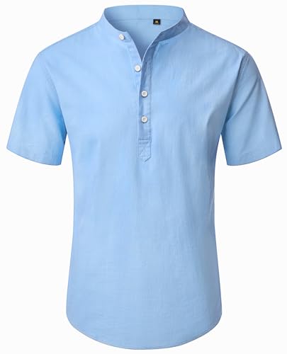 siliteelon Hemd Herren Kurzarm Henley Leinenhemd Herren Blau Regular Fit Sommerhemd Leichtes Freizeithemden von siliteelon