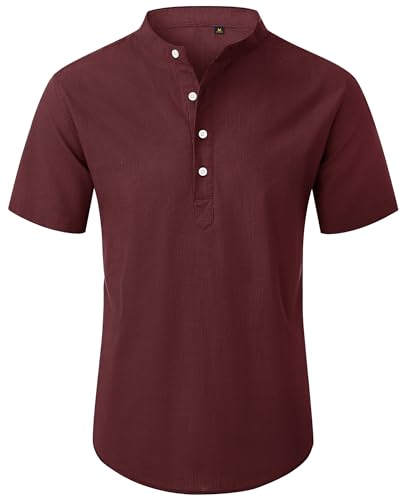 siliteelon Hemd Herren Kurzarm Henley Leinenhemd Herren Burgunderrot Regular Fit Sommerhemd Leichtes Freizeithemden von siliteelon