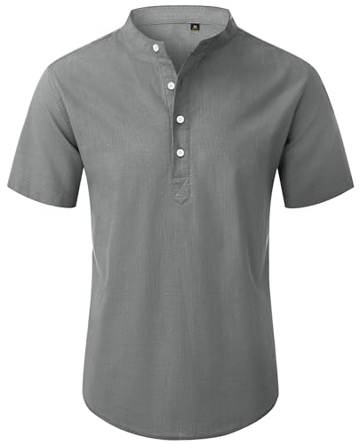 siliteelon Hemd Herren Kurzarm Henley Leinenhemd Herren Grau Regular Fit Sommerhemd Leichtes Freizeithemden Strand Urlaub von siliteelon