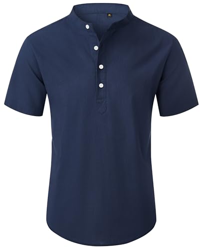 siliteelon Hemd Herren Kurzarm Henley Leinenhemd Herren Marineblau Regular Fit Sommerhemd Leichtes Freizeithemden Urlaub Strand Hochzeit von siliteelon