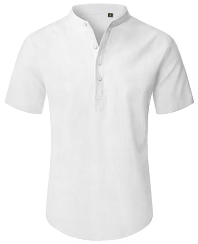 siliteelon Hemd Herren Kurzarm Henley Leinenhemd Herren Weiß Leinen Kurzarmhemd Weiss Freizeit Regular Fit Sommer Kurzarmhemden Urlaub Strand Hochzeit von siliteelon