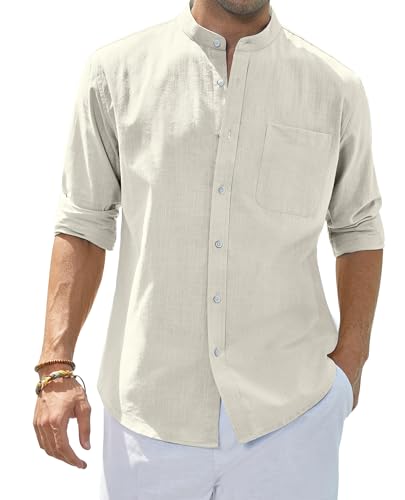 siliteelon Hemd Herren Langarm Beige Leinenhemd Baumwolle Stehkragen Shirt Casual Regular Fit Sommerhemd,L von siliteelon