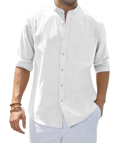 siliteelon Linenhemd Langarm Stehkragen Hemd für Männer Sommer Regular Fit Reise Freizeithemd Atmungsaktiv Leicht Schwarz 3XL von siliteelon