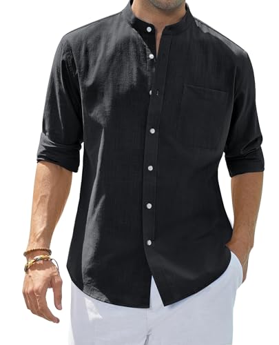 siliteelon Linenhemd Langarm Stehkragen Hemd für Männer Sommer Regular Fit Reise Freizeithemd Atmungsaktiv Leicht Schwarz S von siliteelon