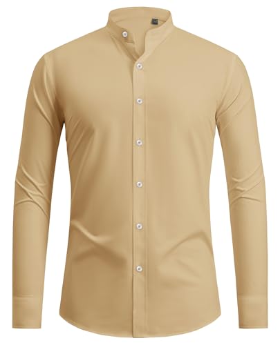 siliteelon Hemd Herren Langarm Stehkragen Hemden Herren Bügelfrei Freizeithemd ohne Kragen Kaki Regular fit Business Anzug Hemd für Männer ohne Tasche von siliteelon