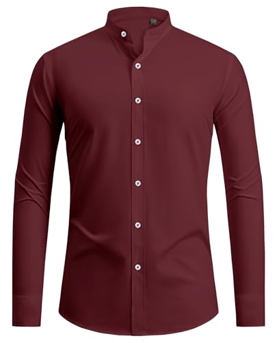 siliteelon Hemd Herren Langarm Stehkragen Hemden Herren Bügelfrei Freizeithemd ohne Kragen Rot Regular fit Business Anzug Hemd für Männer ohne Tasche von siliteelon