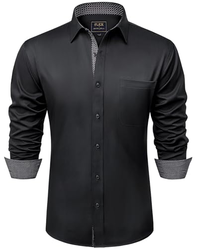 siliteelon Hemd Herren Langarmhemd Schwarz Regular Fit Knitterfrei Anzug Hemd Elegant Musterhemd für Alltägliche Büro Arbeit XL von siliteelon