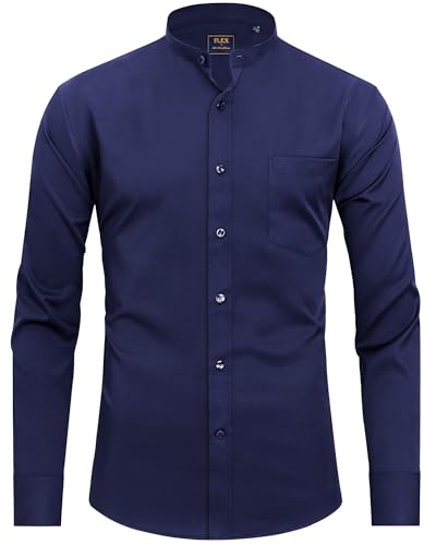 siliteelon Herren Hemd Marineblau Stehkragen Bügelfrei Regular Fit Bügelleichtes Businesshemd Anzug,S von siliteelon