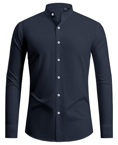 siliteelon Hemd Herren Marineblau Stehkragen Bügelfrei Männer Hemden ohne Tasche Regular Fit Herrenhemden Knitterfrei Businesshemd Anzug Hemd von siliteelon