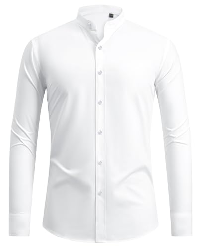 siliteelon Hemd Herren Weiß Bügelfrei Regular fit Oberhemd Stretch Herren Hemden ohne Kragen Weiss Businesshemd Anzug Hemd Männer Brautpaar Trauzeuge Bräutigam Interview von siliteelon