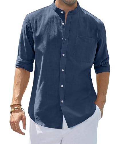 siliteelon Hemd Männer Hemd Herren Langarm Sommer Marineblau Leinenhemd Herren Button Down Regular Fit Einfarbig mit Taschen,3XL von siliteelon