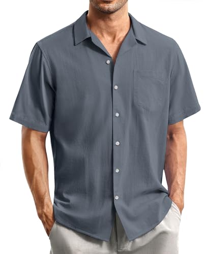 siliteelon Herren Hemd Kurzarm Grau Herren Hemden Sommer Leinenhemd Regular Fit Freizeithemd Casual Beach Shirt,XL von siliteelon