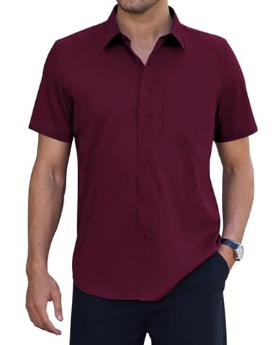 siliteelon Herren Hemd Kurzarm Knitterfrei Regular Fit Sommer Atmungsaktiv Stretch Casual Businesshemd mit Tasche Burgunderrot L von siliteelon