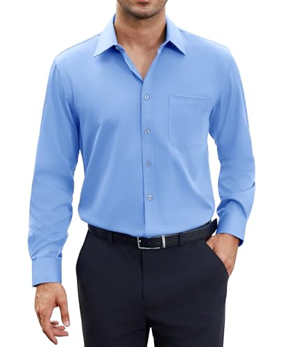 siliteelon Herren Hemd Langarm Bügelleichte Oberhemd Regular Fit Herrenhemden Stretch Freizeithemd Blau Baumwolle Businesshemd für Männer von siliteelon