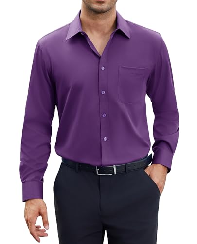 siliteelon Herren Hemd Langarm Bügelleichte Oberhemd Regular Fit Herrenhemden Stretch Freizeithemd Lila Baumwolle Businesshemd für Männer von siliteelon