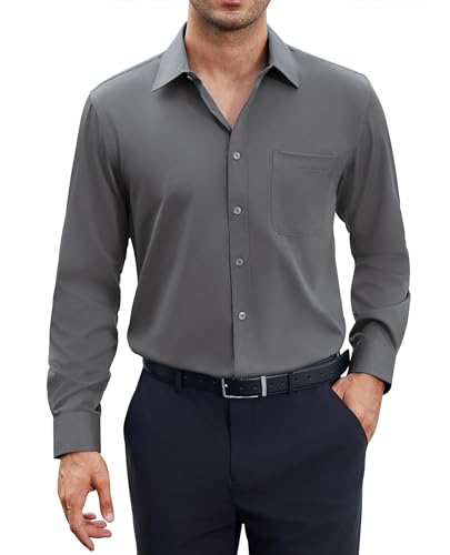 siliteelon Herren Hemd Langarm Grau Bügelleichte Oberhemd Anthrazit Regular Fit Herrenhemden Stretch Freizeithemd für Sakkos Baumwolle Businesshemd für Männer von siliteelon