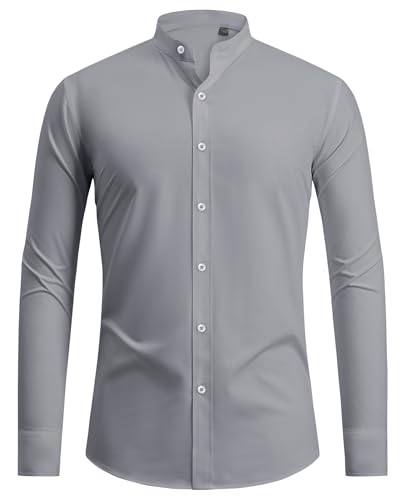 siliteelon Herren Hemd Langarm Kragenloses Hemd Grau Regular fit Businesshemd Bügelleichte Oberteile Männer von siliteelon