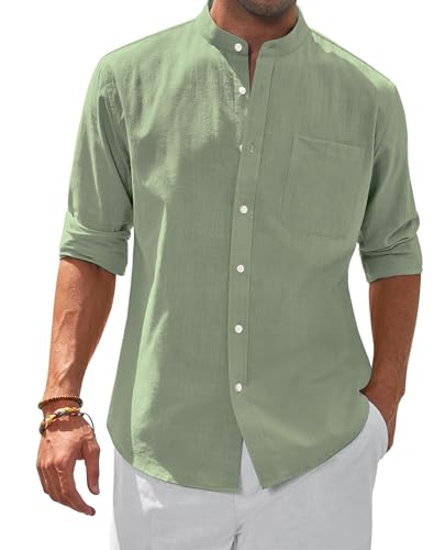 siliteelon Sommerhemd für Herren Stehkragen Langarm Strandhemd Bequem Leinenhemd Freizeit Wochenende Party Raves Shirts Armeegrün M von siliteelon