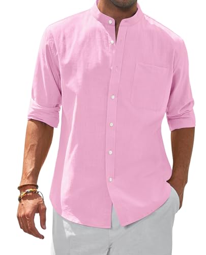 siliteelon Herren Hemd Leinenhemd Langarm Stehkragen Leinenshirt Rosa Gekoppelt Freizeithemd Businesshemd Sommer Casual Regular Fit Shirt,L von siliteelon