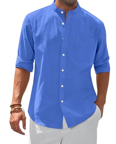 siliteelon Sommerhemd für Herren Stehkragen Langarm Strandhemd Bequem Leinenhemd Freizeit Wochenende Party Raves Shirts Saphirblau 3XL von siliteelon
