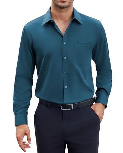 siliteelon Herren Hemd Stretch Blau Grün Langarm Bügelfrei Regular fit Herrenhemd für Männer Eneinfach Freizeithnemde Businesshemd Anzug Hemd von siliteelon