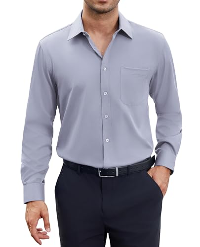 siliteelon Herren Hemd Stretch Langarm Bügelfrei Regular fit Silber Grau Herrenhemd für Männer Eneinfach Freizeithnemde Businesshemd Anzug Hemd von siliteelon