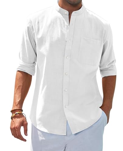 siliteelon Leinenhemd Langarm Stehkragen Herren Hemd Casual Sommer Businesshemd Regular Fit Freizeithemd Beach Leichte Shirt Weiß 3XL von siliteelon